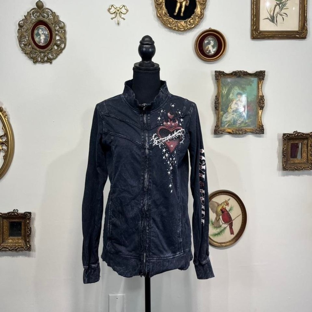 Vintage Y2K Sinful Black Zip-Up Jacket with Winged Heart Graphic – Size XL